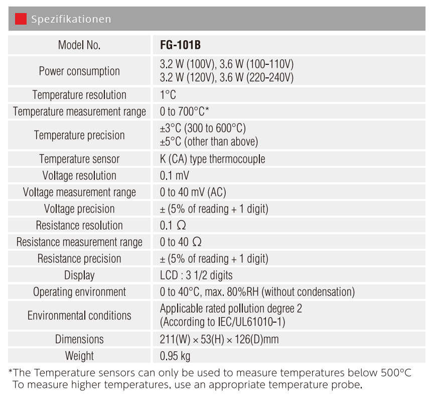 FG-101B Lötkolben Thermometer Spezifikationen